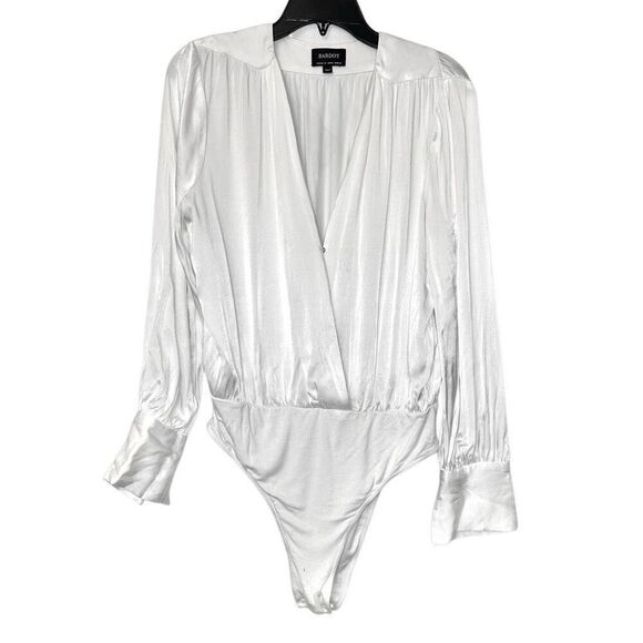 Bardot Cassidy Surplice Wrap Front Satin Long Sleeve Ivory Bodysuit Top Size 10 - Picture 1 of 5